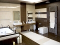 luxurious modern white bathroom with dark wood floors